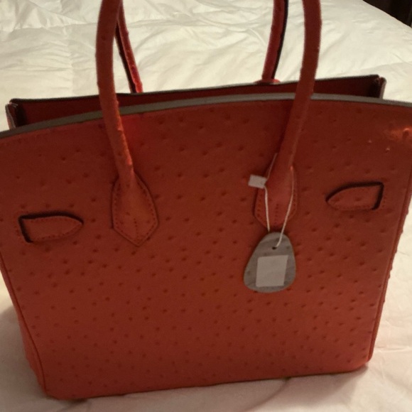 Elegant Orange Embossed Ostrich Leather Satchel Bag Size 30 NWOT - Picture 4 of 7